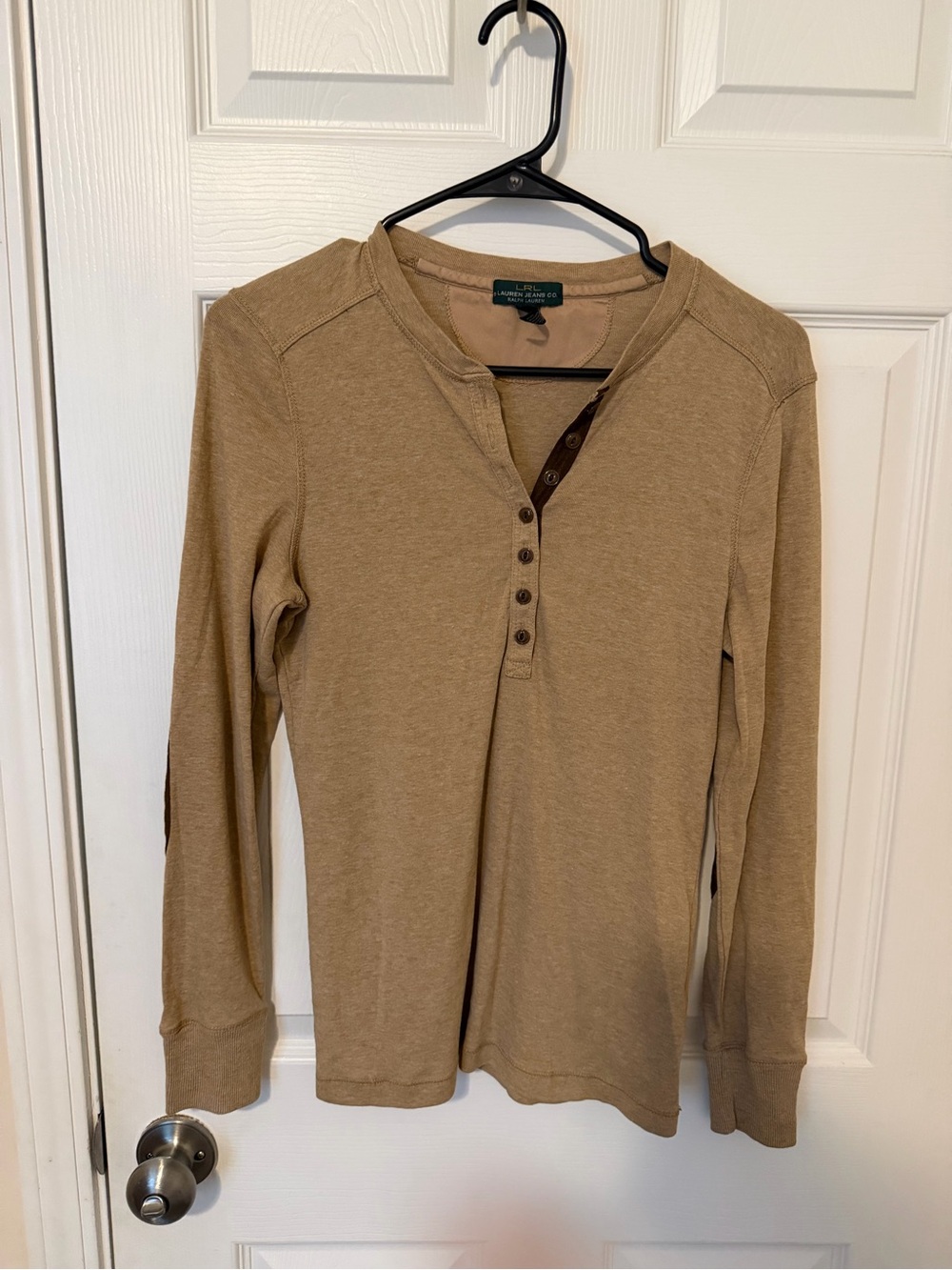 Ralph Lauren Lauren Jeans Co. Tan Henley Shirt with elbow patches
